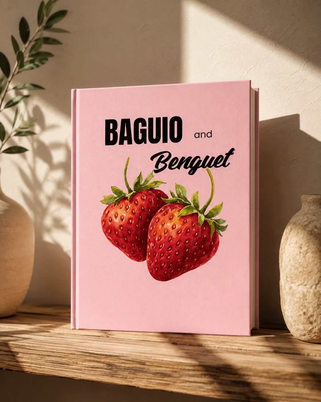 Pink hardbound photobook titled Baguio and Benguet with a watercolor strawberry illustration